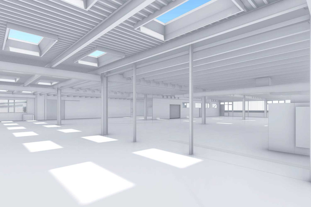 Produktionshalle, 3D-CAD-Modell aus Gebäudevermessung, HMQ AG