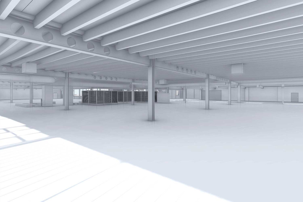 Produktionshalle, 3D-CAD-Modell aus Gebäudeaufnahme, HMQ AG
