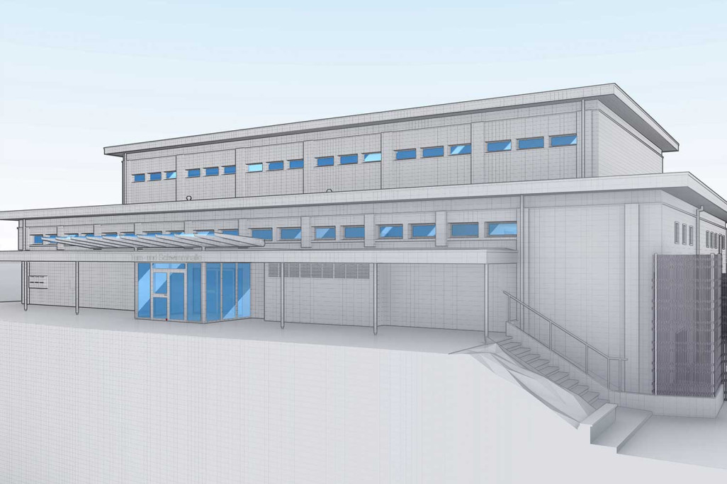Birsfelden, Turn- und Schwimmhalle, Gebäudevermessung 3D-Modell, HMQ AG