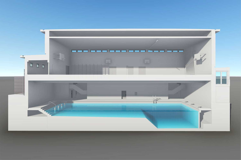 Birsfelden, Turn- und Schwimmhalle, Gebäudevermessung 3D-Schnitt, HMQ AG