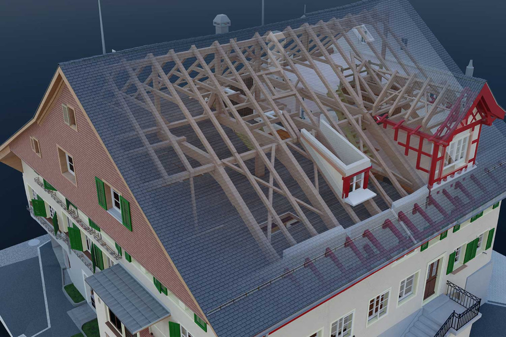 Zürich, 3D-Dachstock Gesellenhaus in Stäfa, Gebäudevermessung, HMQ AG