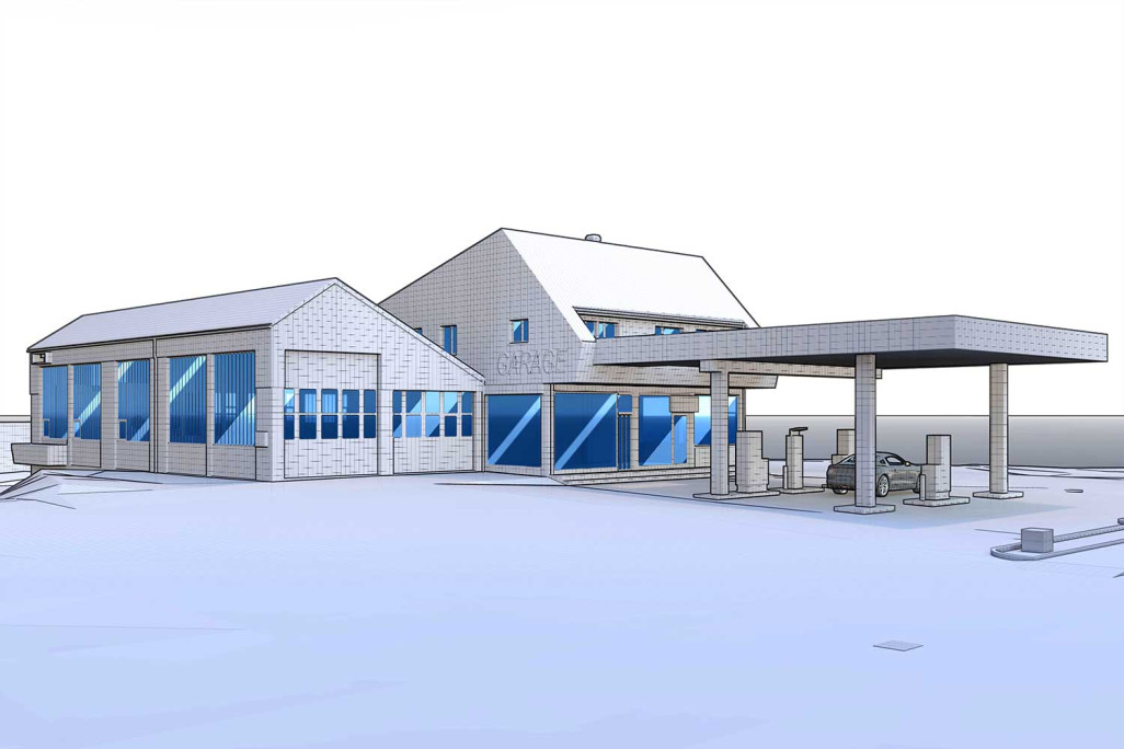 Wallis 3D-Modell, Ruedi Rüssel Tankstelle, HMQ AG