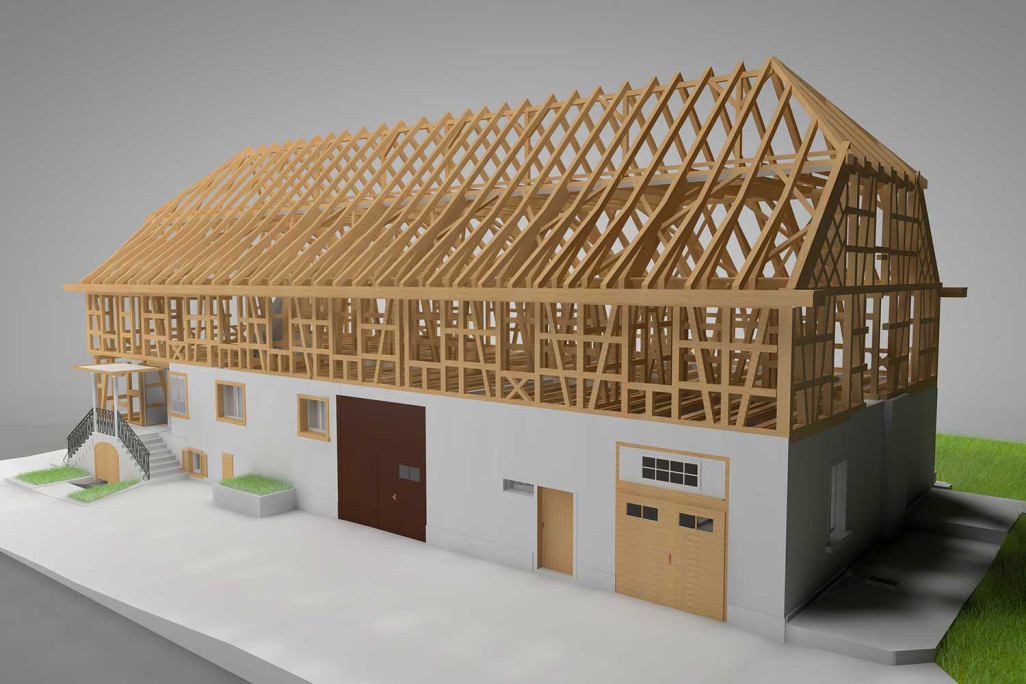 3D-Modell mit freigelegter Balkenkonstruktion, HMQ AG