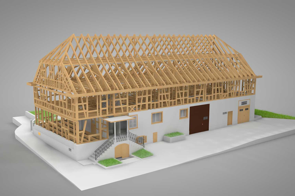 3D-Modell mit freigelegter Balkenkonstruktion, HMQ AG