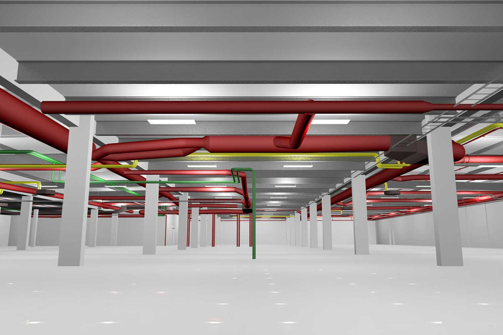 3D-CAD-Modell mit Haustechnik in 3D, Migros, HMQ AG