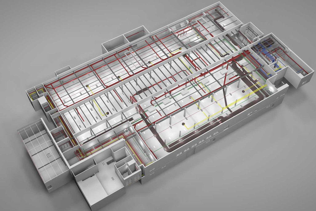3D-Modellierungen von Leitungen aus Aufnahme, Migros, HMQ AG