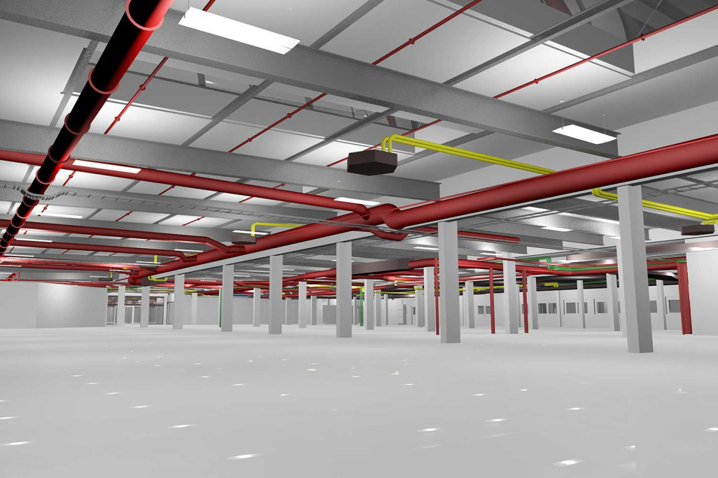 3D-Modellierungen von Leitungen an der Decke, Migros, HMQ AG