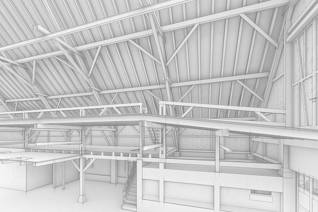 Scheune, 3D-Modellierung Konstruktion aus Gebäudevermessung, HMQ AG