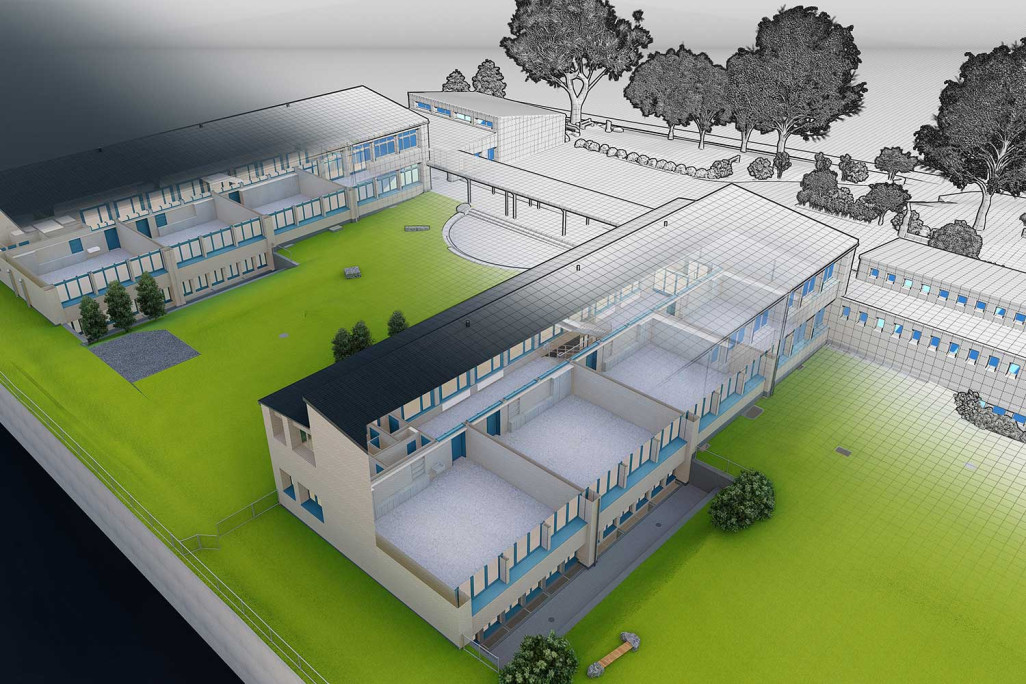 3D-BIM-Modell, Schulanlage Erlen in Glarus GL, HMQ AG