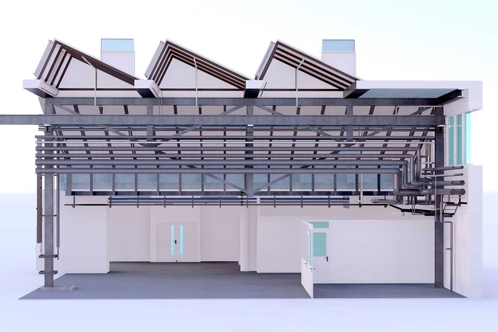 3D-Schnitt Sheddach mit HLKS, HMQ AG