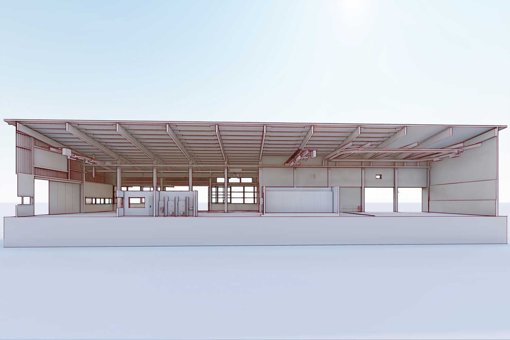 3D-Schnitt, Industriehalle, HMQ AG