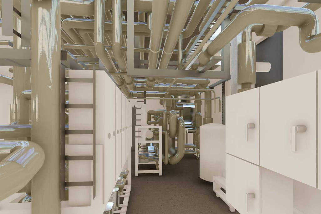3D-Modell, Technik mit Leitungen, HMQ AG